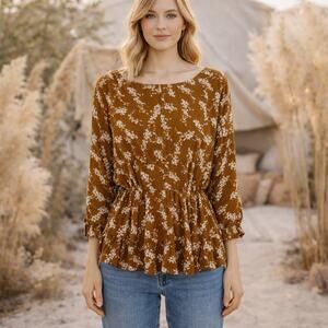 By Anthropologie Gold Brown Long Sleeve Floral Top XS